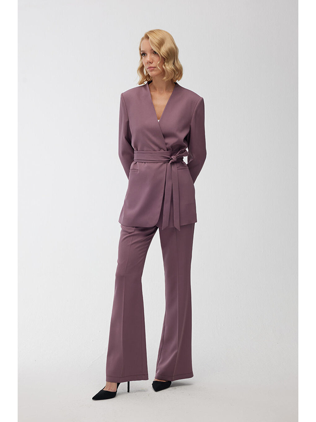 Saten İspanyol Paça Pantolon Mor-2