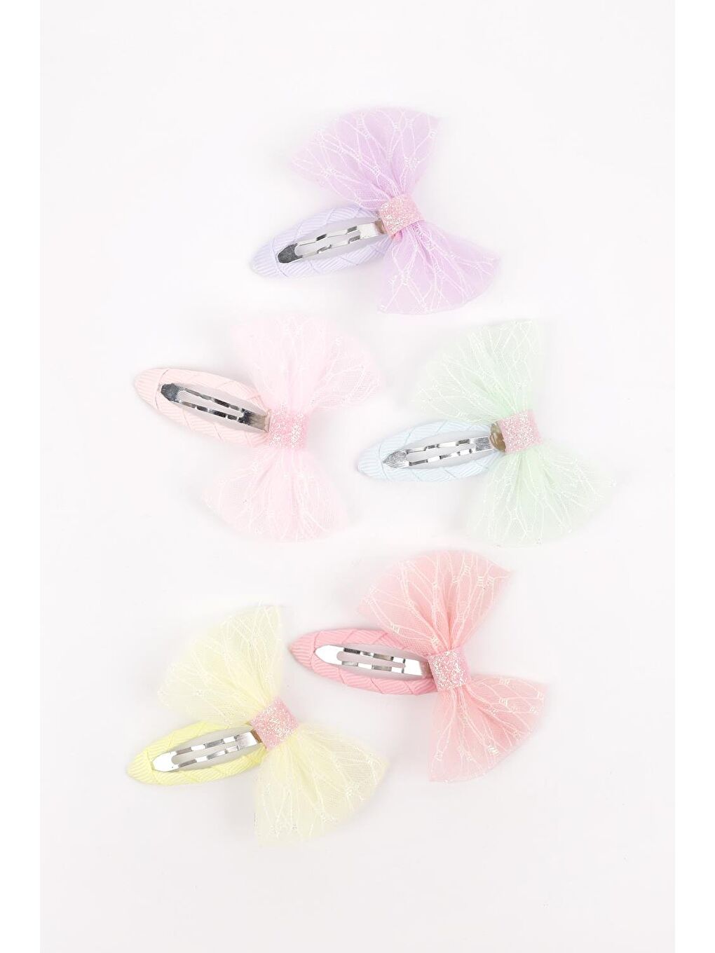 Karışık Çok Renkli  5'li Tül Fiyonk Kız Çocuk Toka Set-1