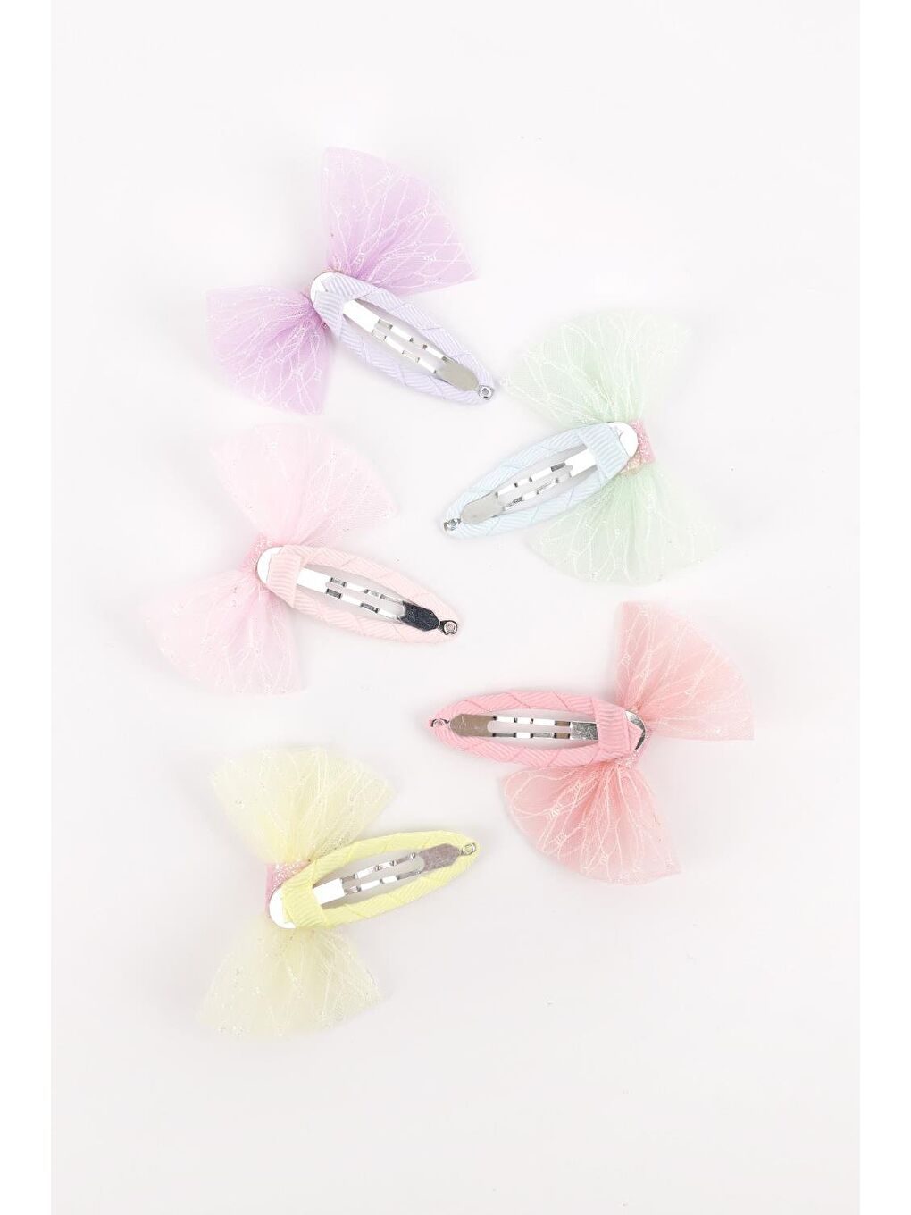 Karışık Çok Renkli  5'li Tül Fiyonk Kız Çocuk Toka Set-2