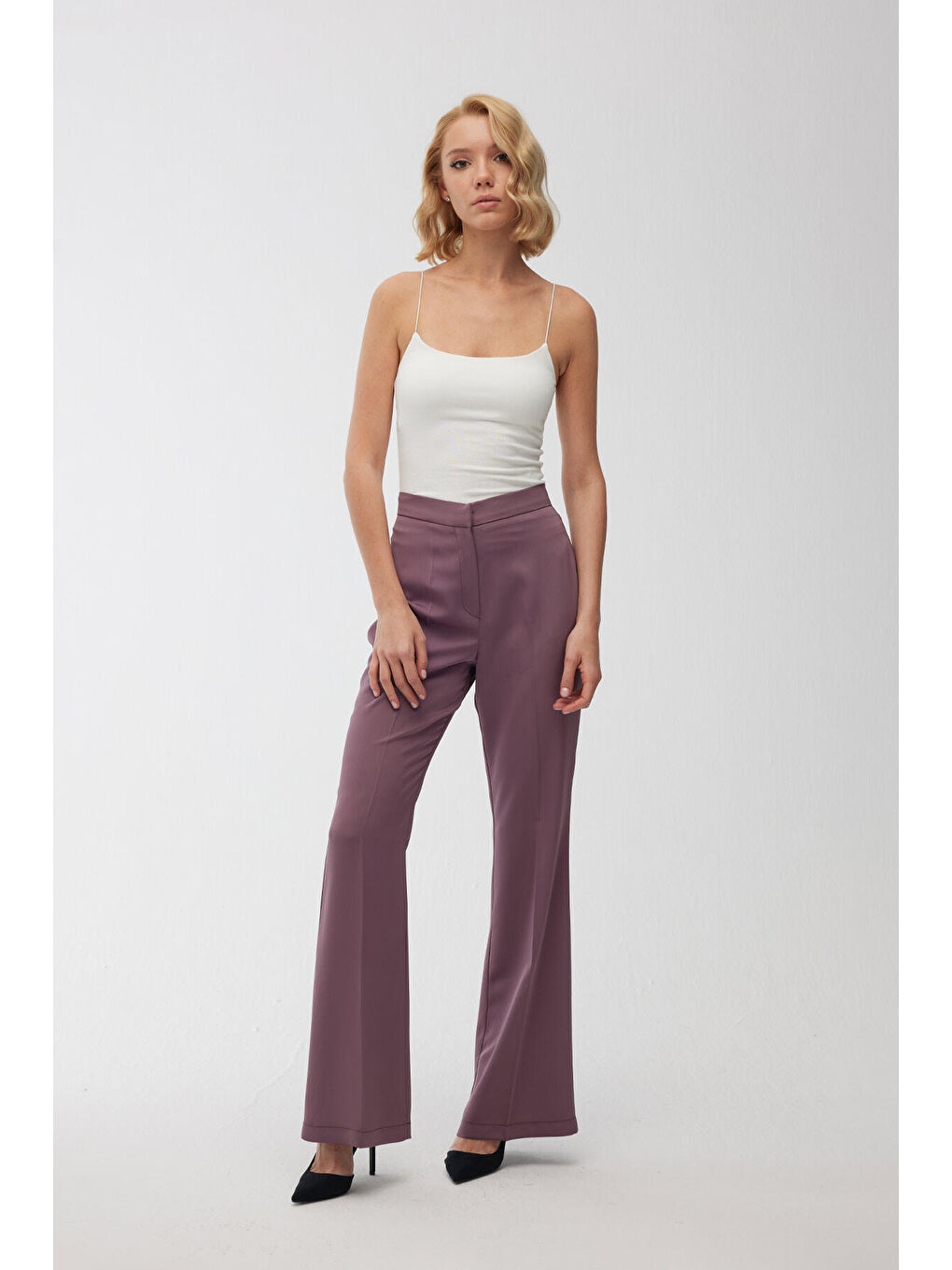 Saten İspanyol Paça Pantolon Mor-4