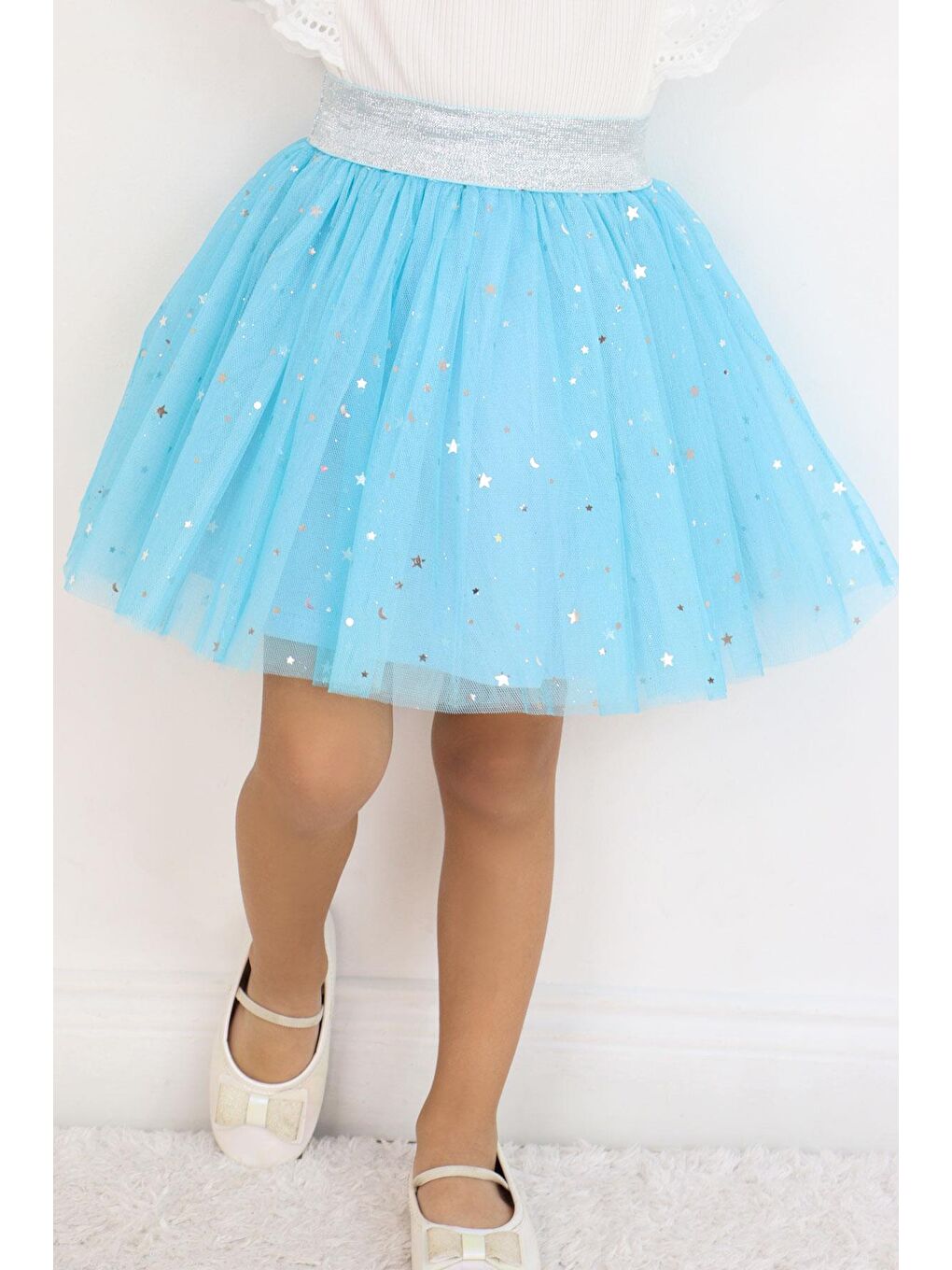 Kız Çocuk Tütü Etek Gümüş Yıldız & Ay Desenli Mavi (5-10 Yaş)