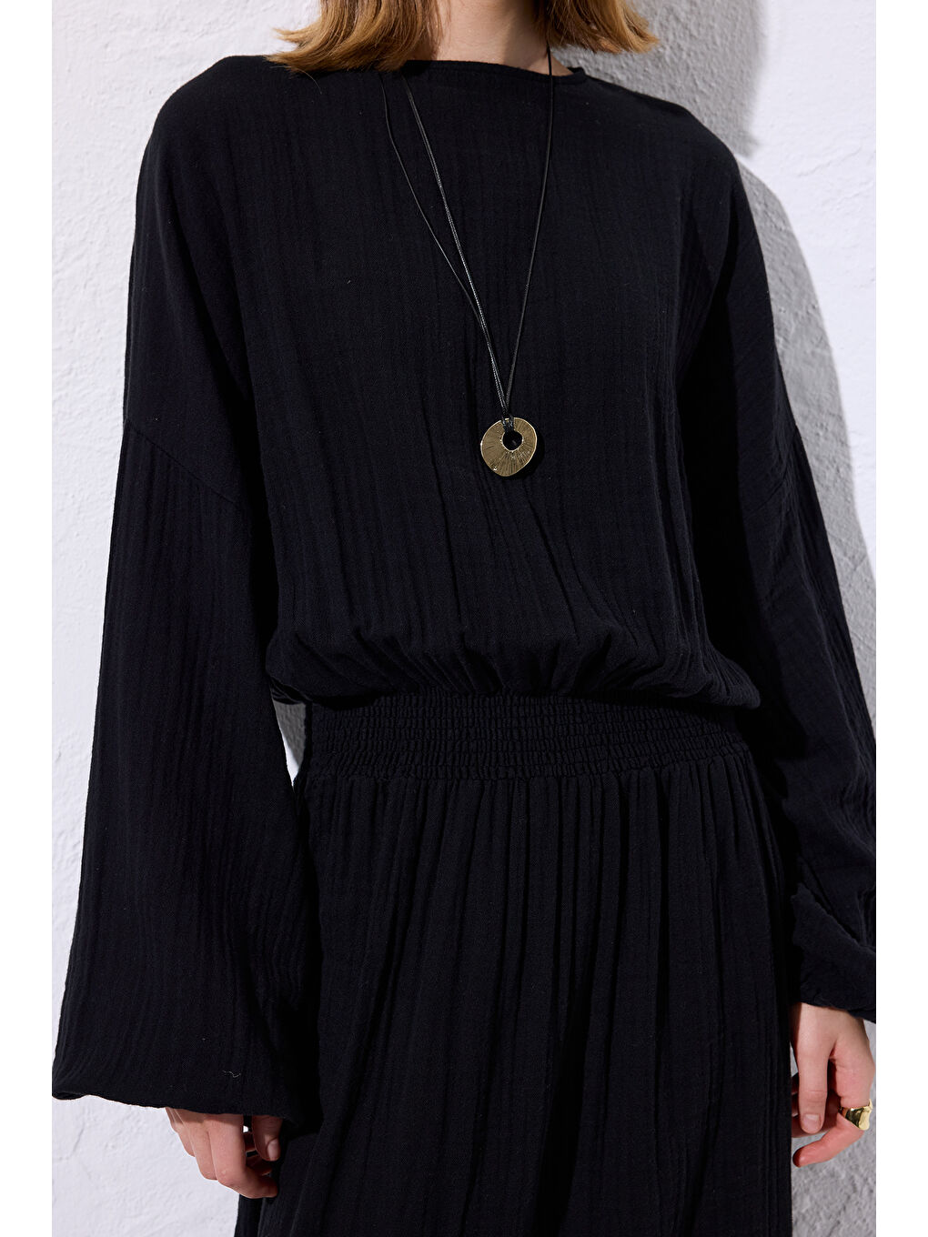 Müslin Beli Büzgülü Elbise Siyah-3