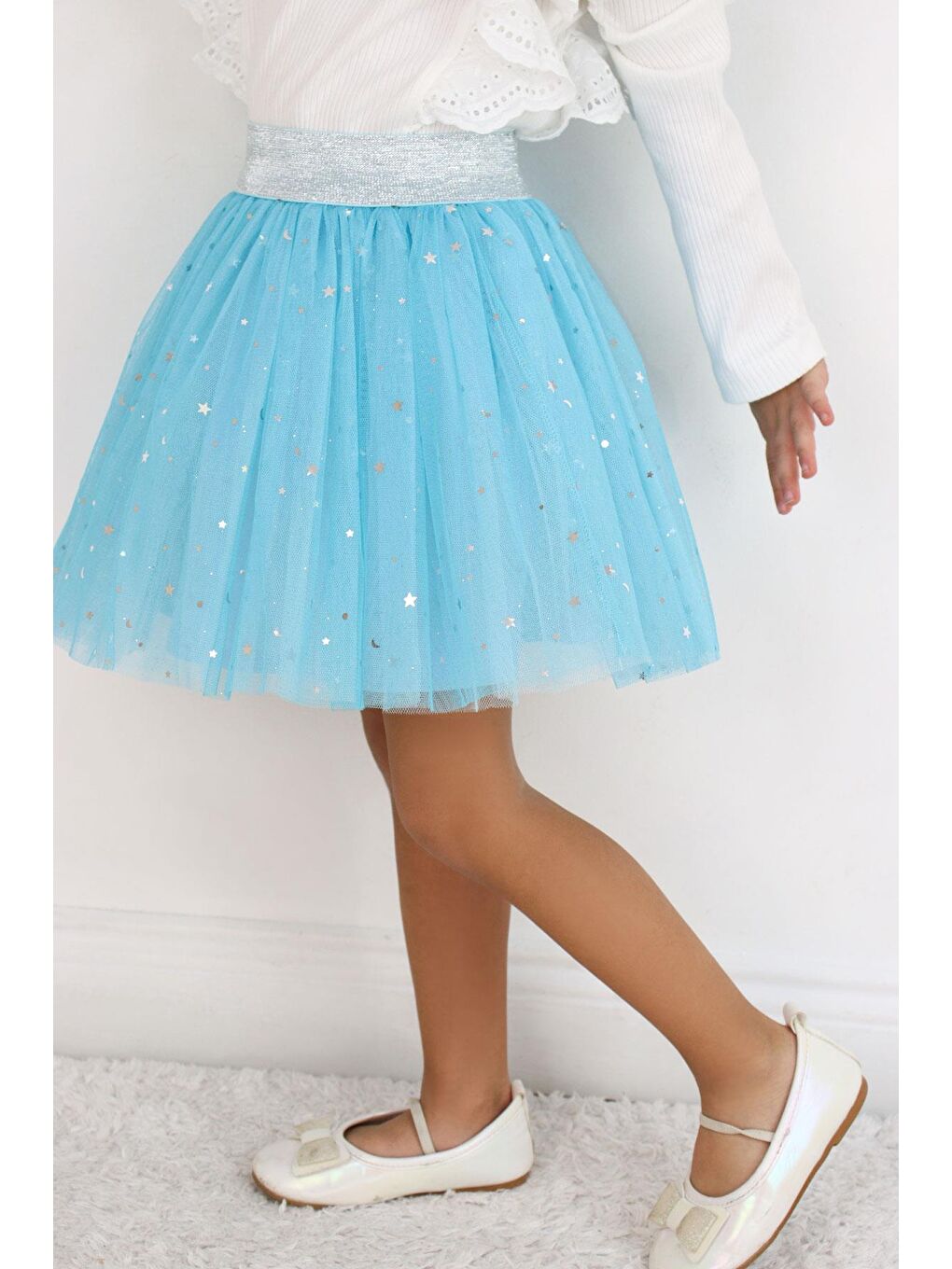 Kız Çocuk Tütü Etek Gümüş Yıldız & Ay Desenli Mavi (5-10 Yaş)-2