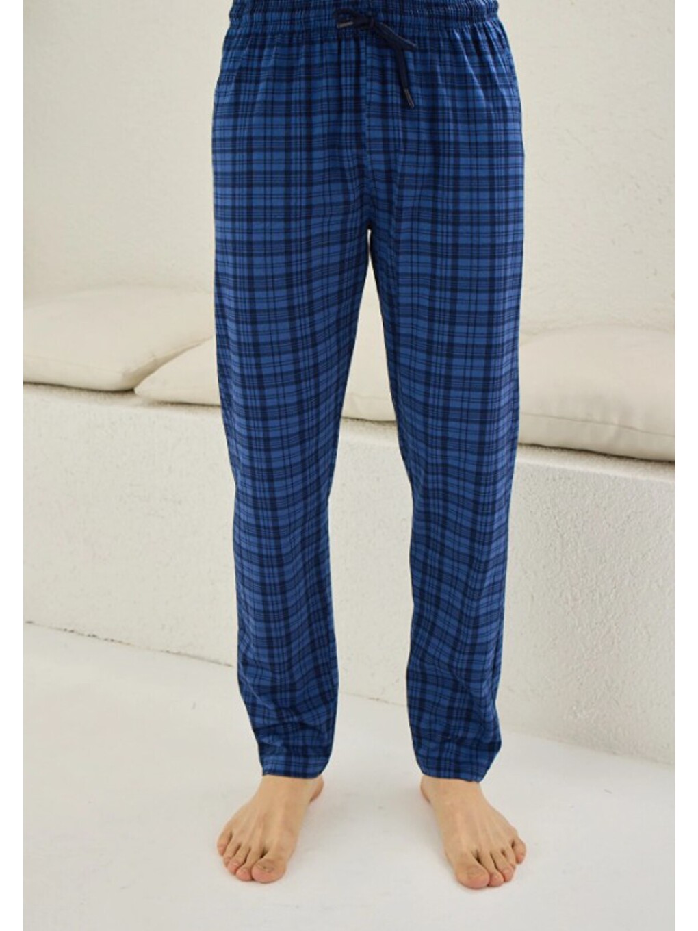 İndigo Erkek Ekose %100 Organik Pamuk Cepli Düz Paça Büyük Beden Pijama Altı