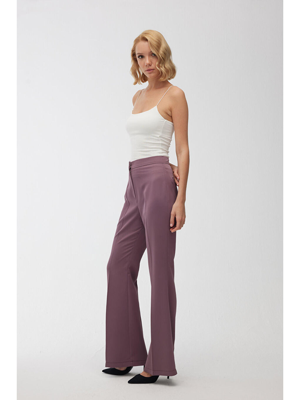 Saten İspanyol Paça Pantolon Mor-6