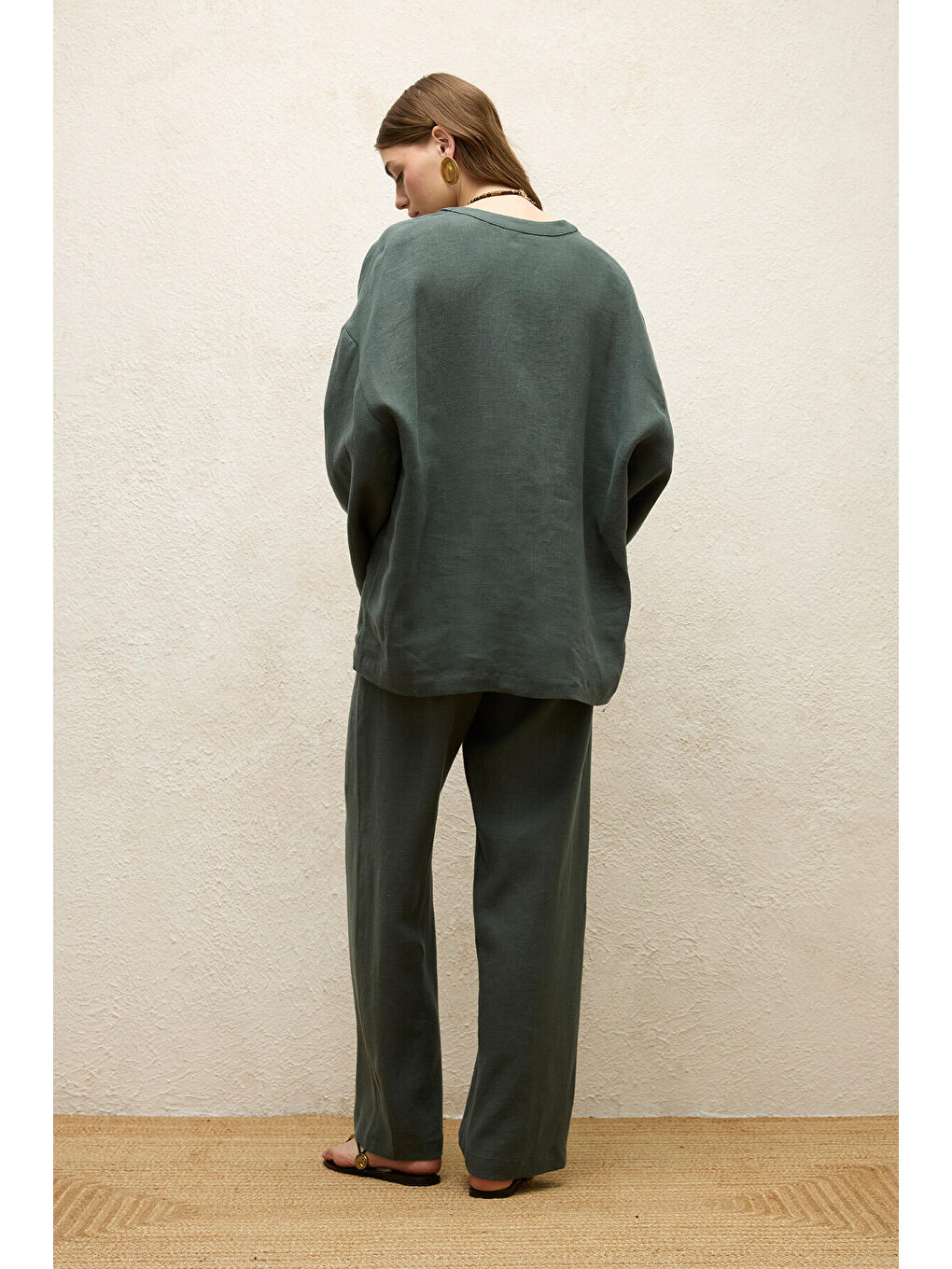 Düğmeli Keten Gömlek Yeşil-7