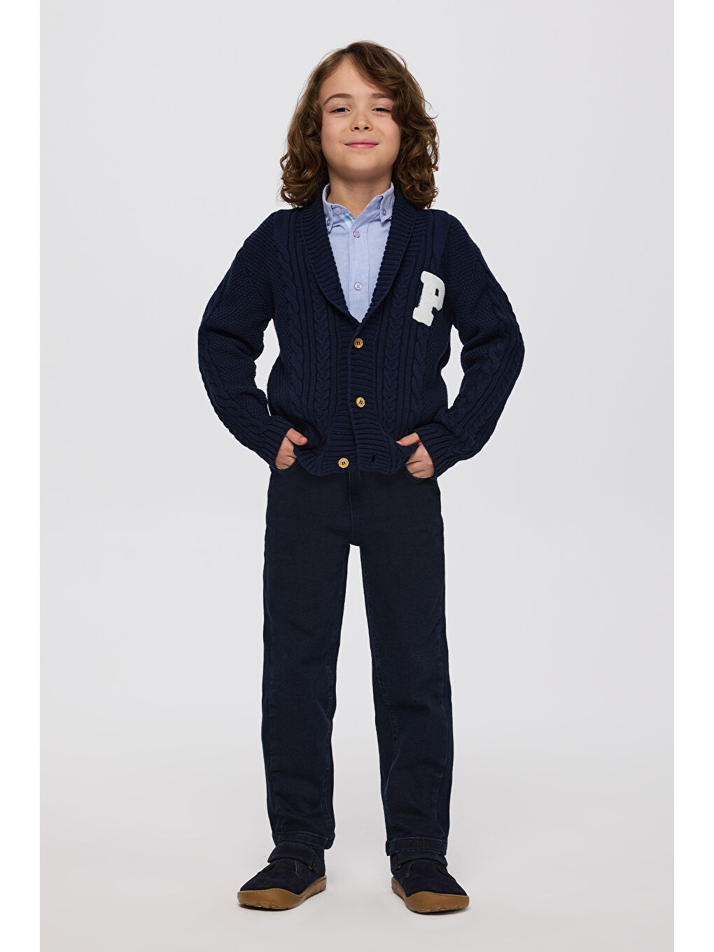 Erkek Çocuk Düğmeli Harf Detaylı Lacivert Hırka