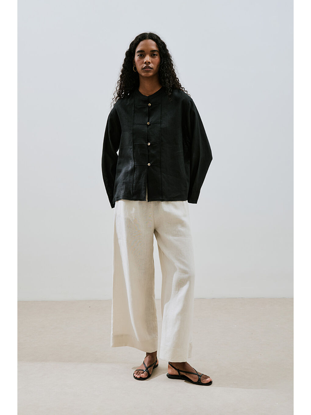 Bej Keten Bağlamalı Pantolon Taş-1