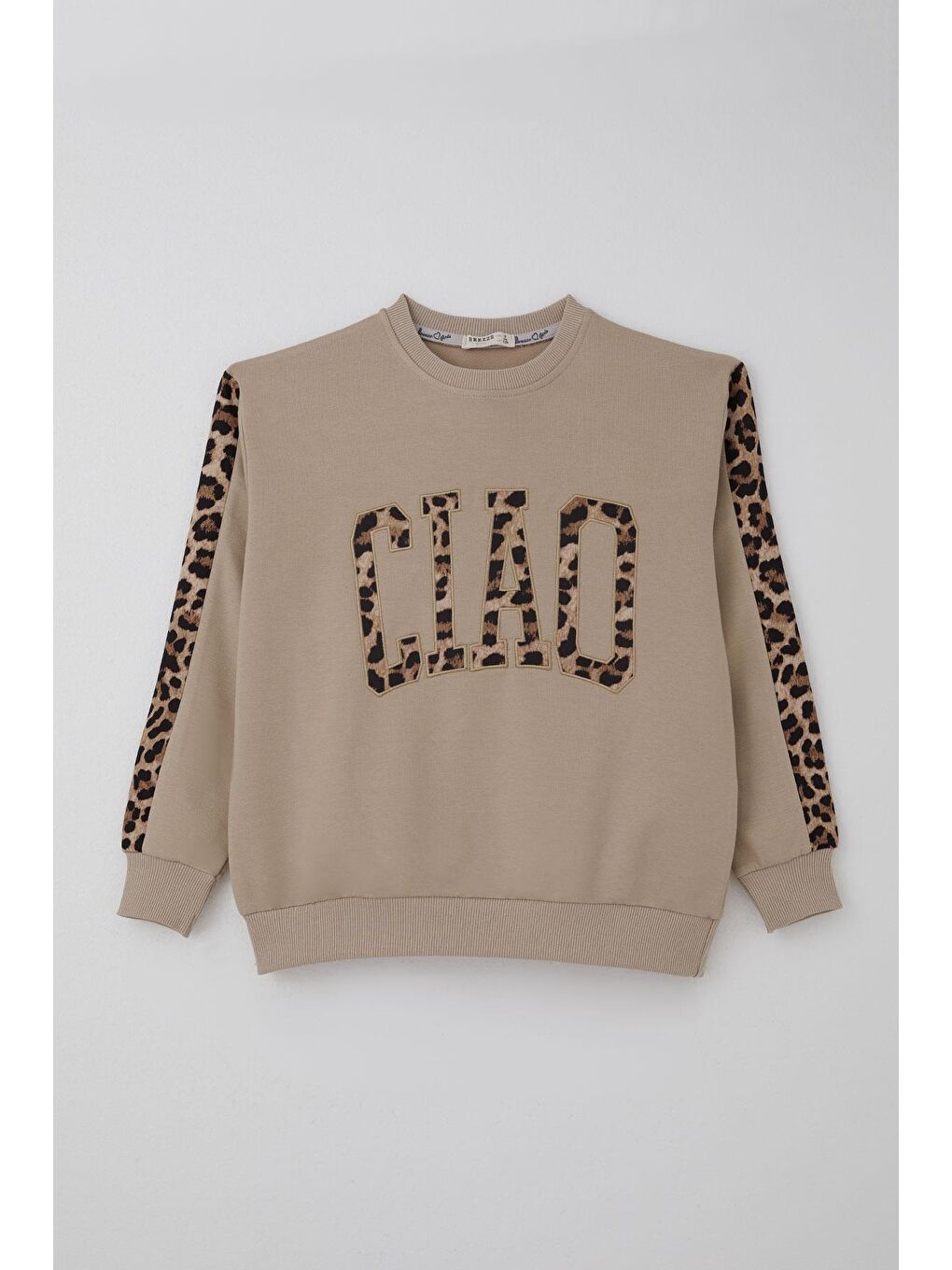 Kız Çocuk Eşofman Takımı Yazı Nakışlı Kenarları Leopar Desenli Bej (8-14 Yaş)-3