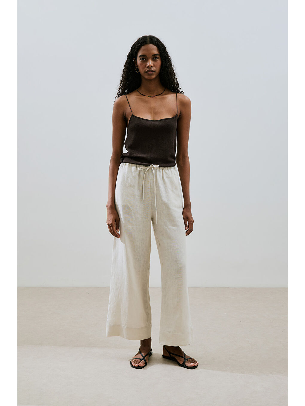 Bej Keten Bağlamalı Pantolon Taş-2