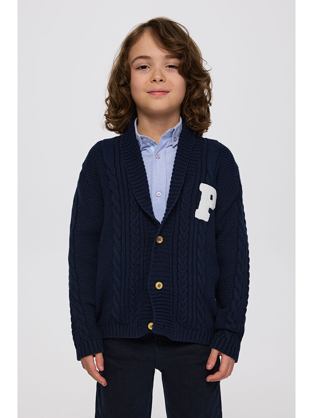 Erkek Çocuk Düğmeli Harf Detaylı Lacivert Hırka-2