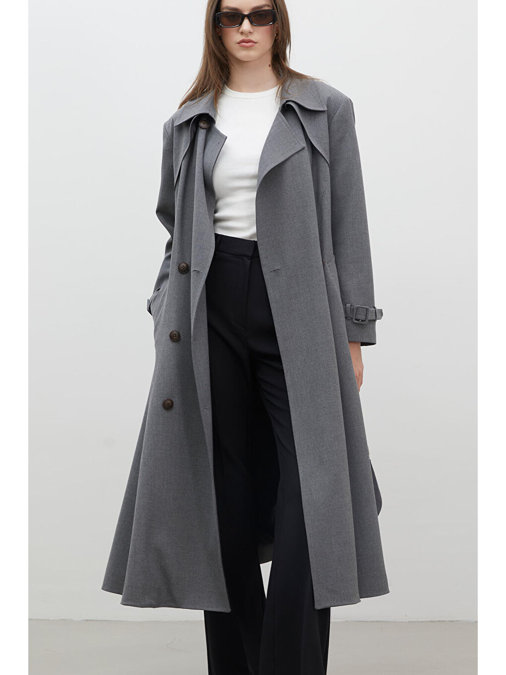 Parıs Oversize Kruvaze Trençkot Gri-2