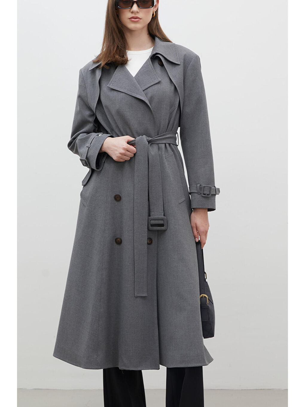 Parıs Oversize Kruvaze Trençkot Gri-3