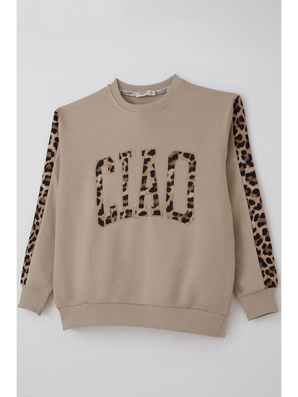 Kız Çocuk Eşofman Takımı Yazı Nakışlı Kenarları Leopar Desenli Bej (8-14 Yaş)-7