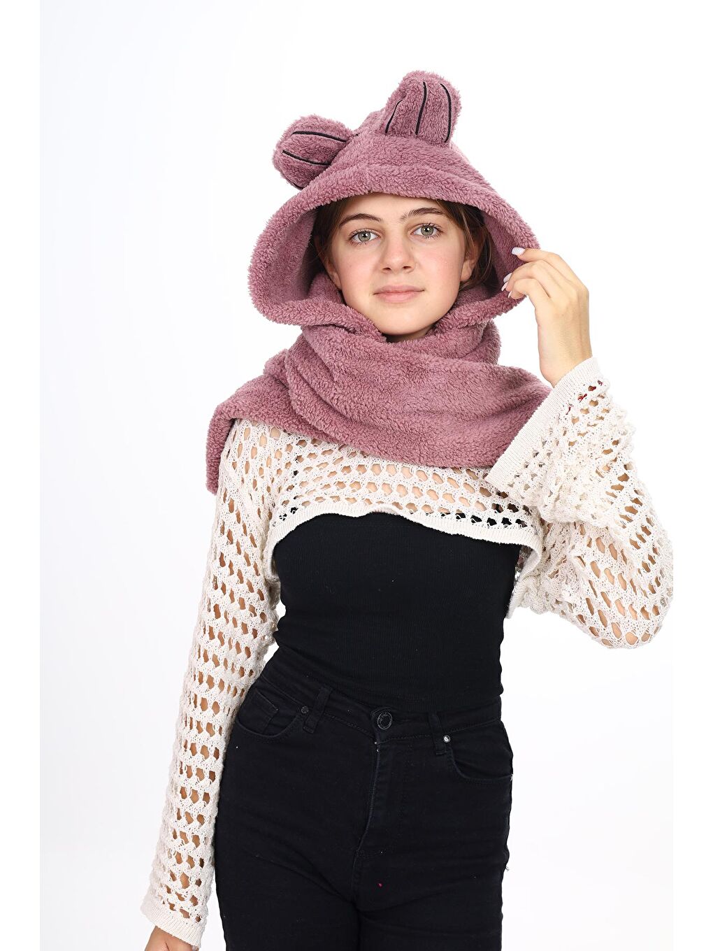 Pembe Kız Çocuk Pelüş Atkılı Bere 5 14 Yaş Lx1090