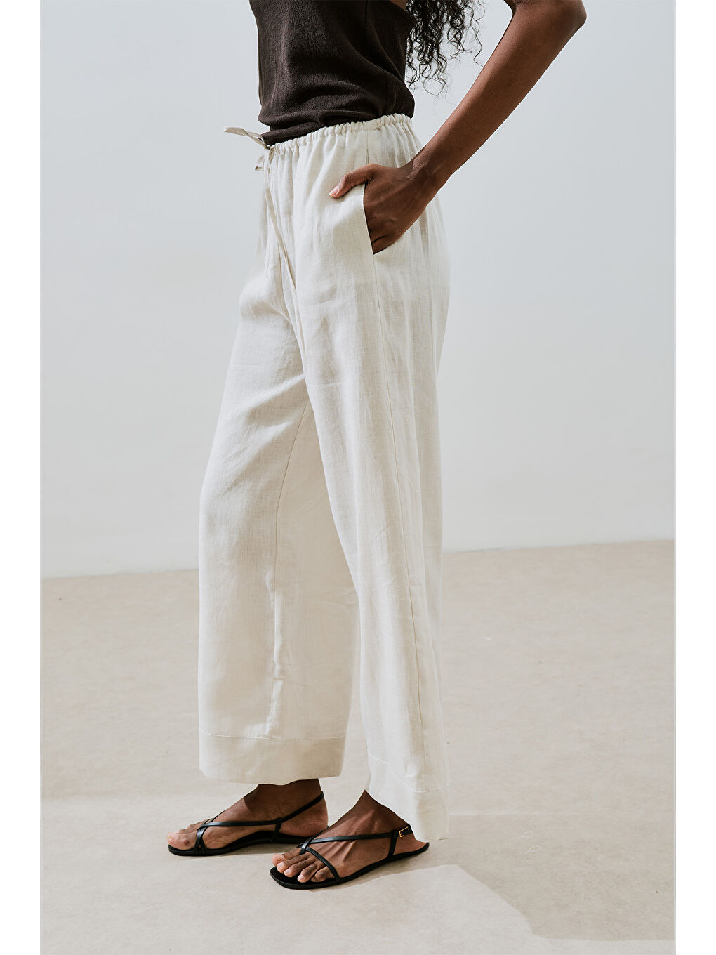 Bej Keten Bağlamalı Pantolon Taş-4