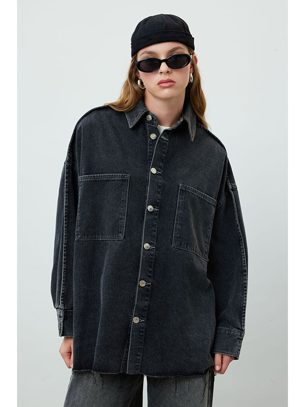 Oversize Denim Gömlek Ceket Antrasit-2
