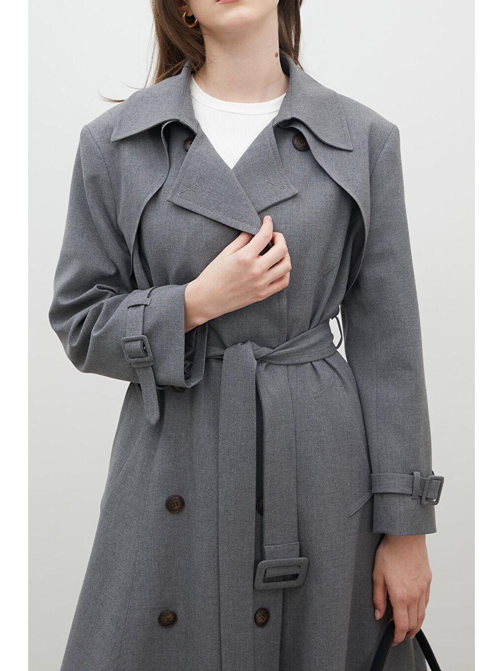 Parıs Oversize Kruvaze Trençkot Gri-5