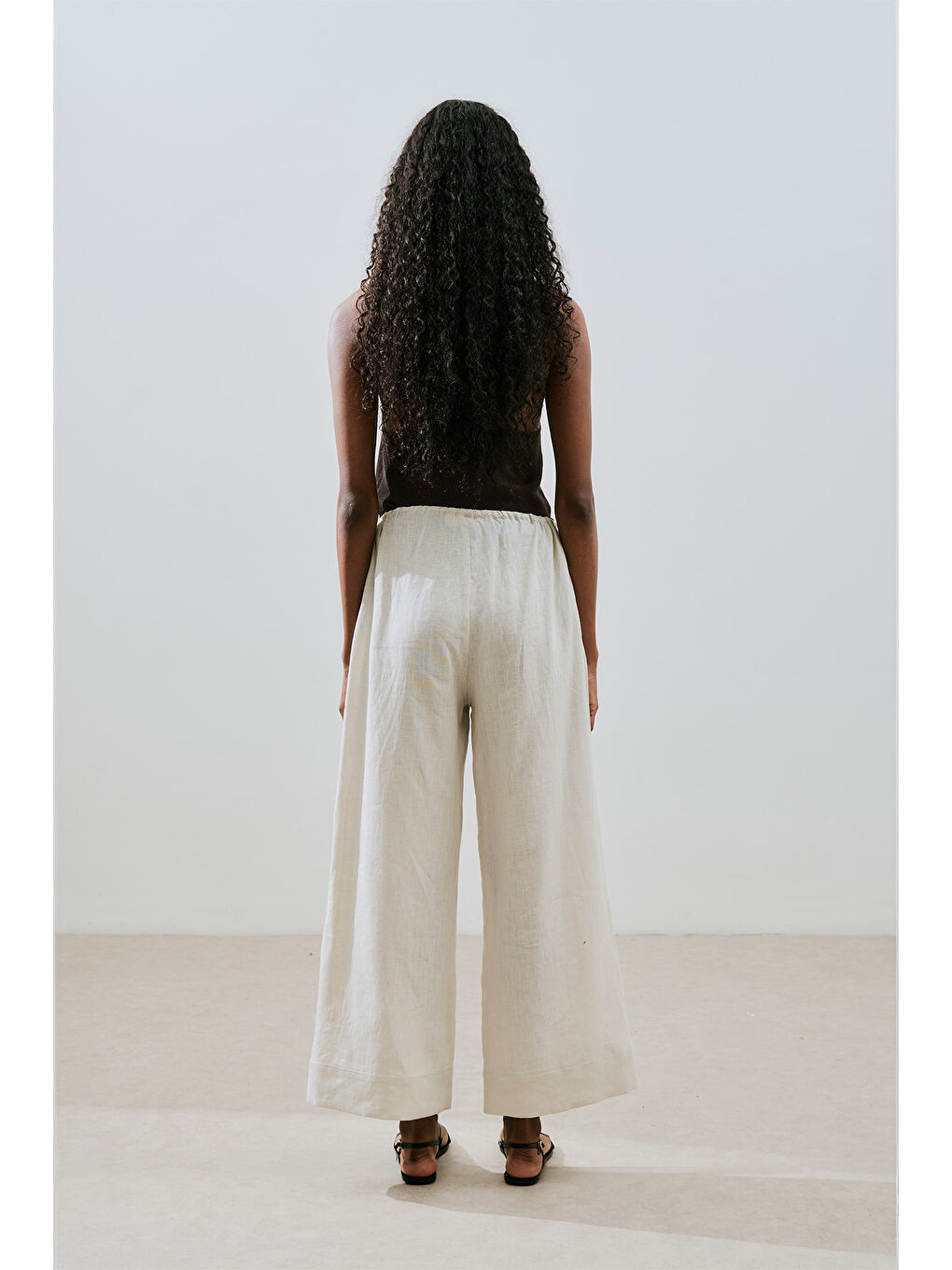 Bej Keten Bağlamalı Pantolon Taş-5