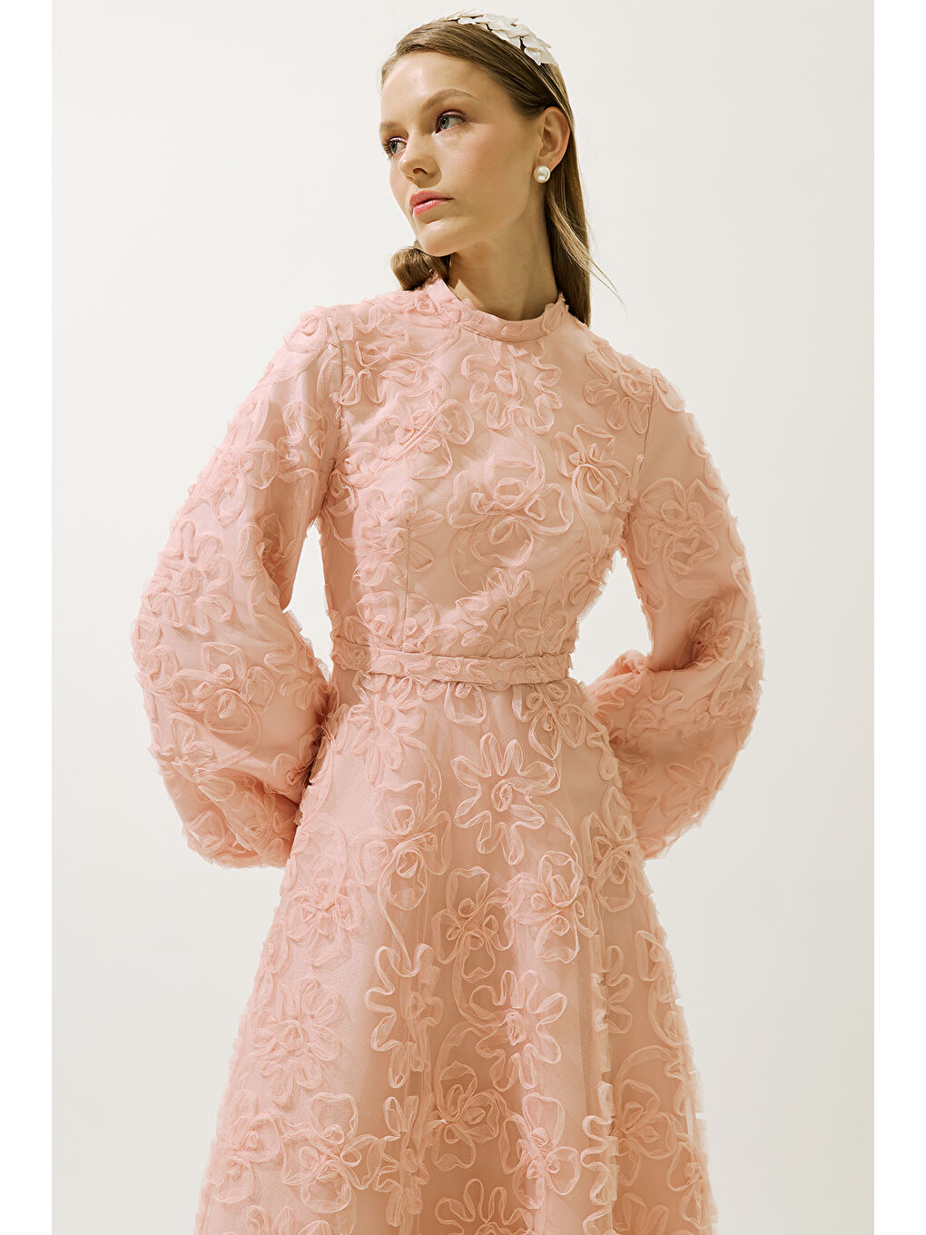 Pembe Kabarık Çiçekli Uzun Kol Abiye Elbise Pudra-1