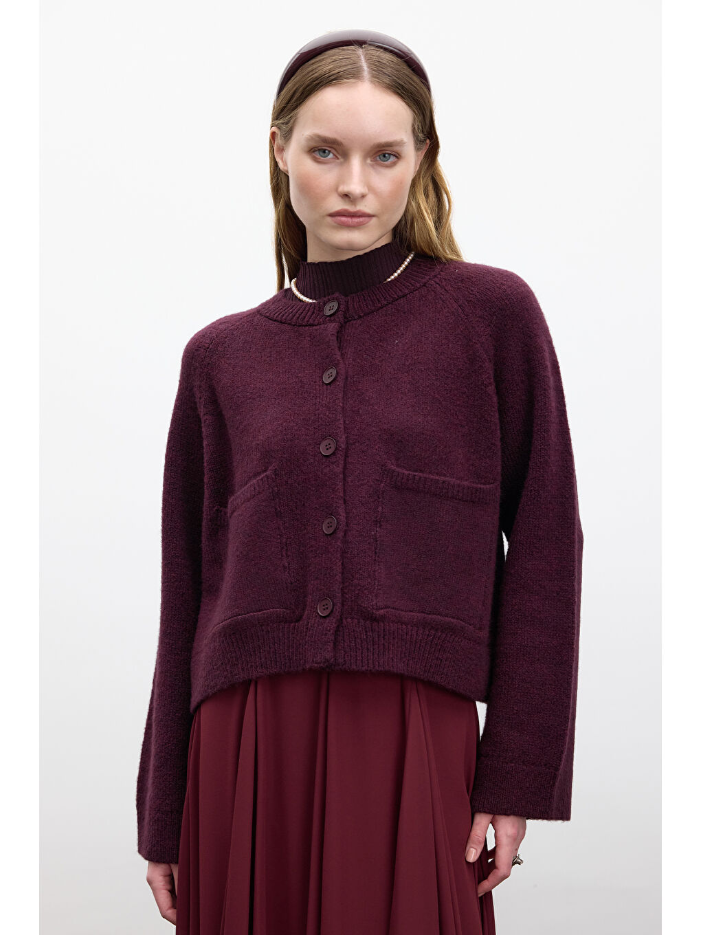 Düz Örgü Düğmeli Triko Hırka Mürdüm-1