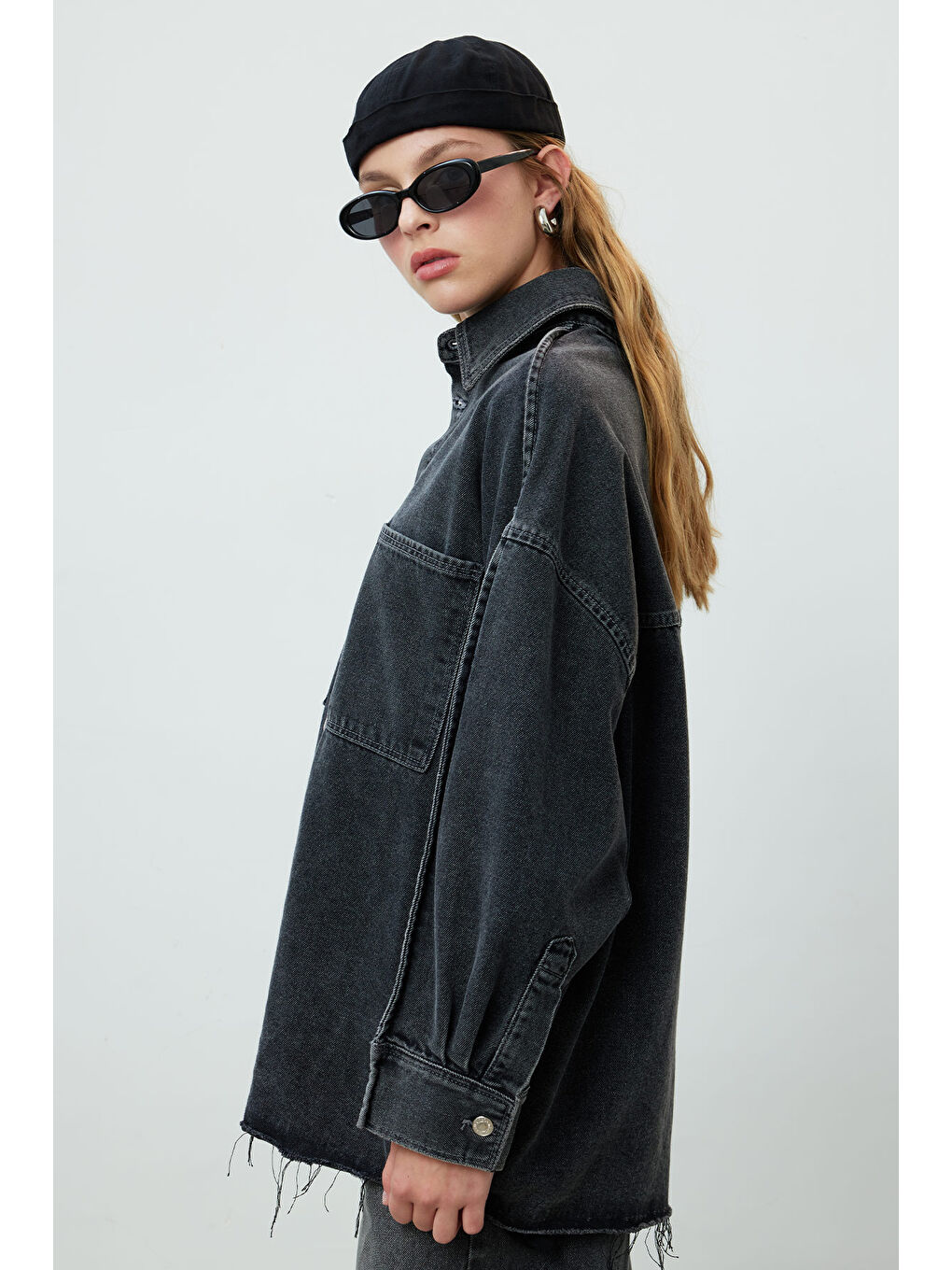 Oversize Denim Gömlek Ceket Antrasit-3