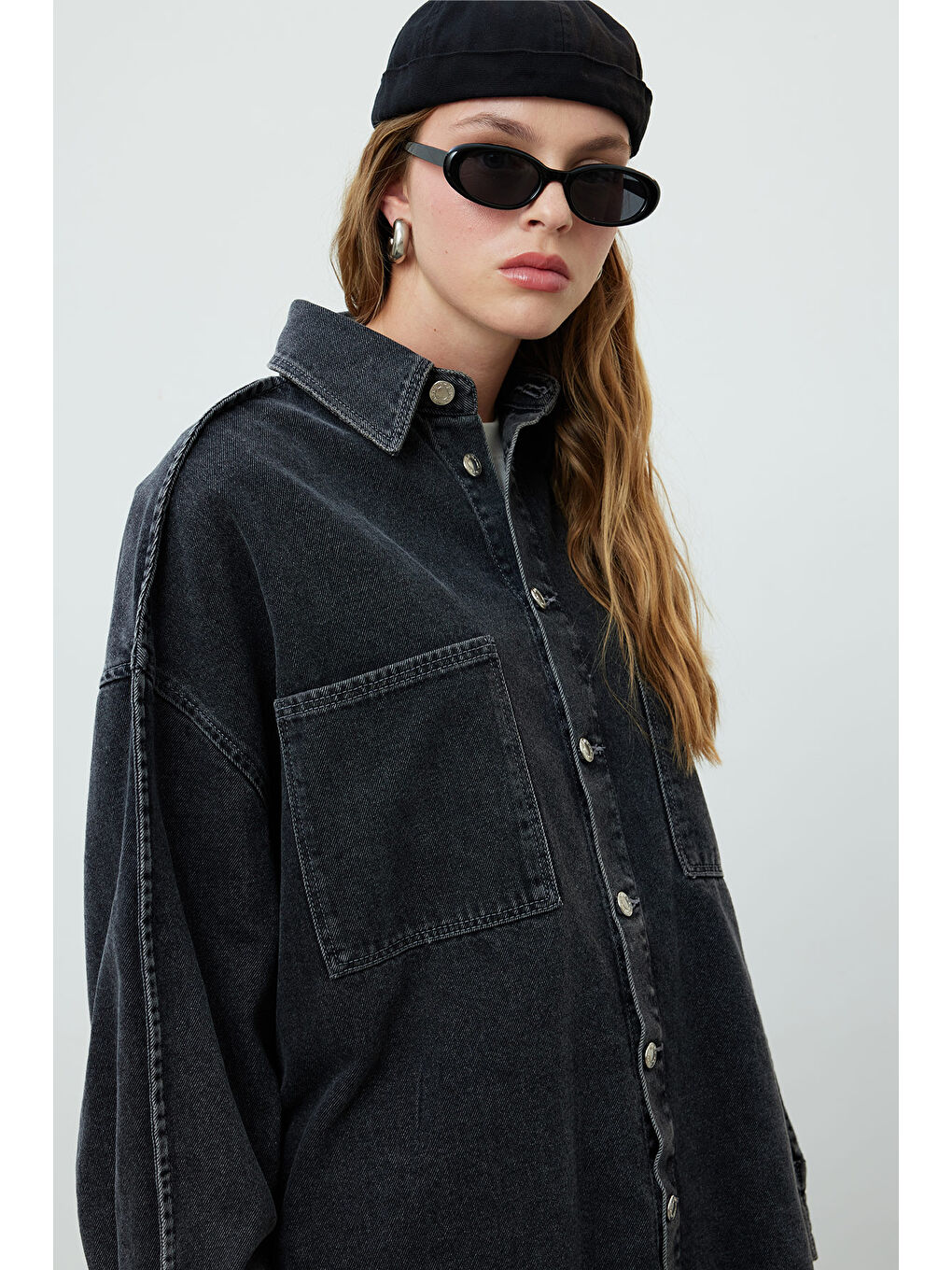 Oversize Denim Gömlek Ceket Antrasit-4