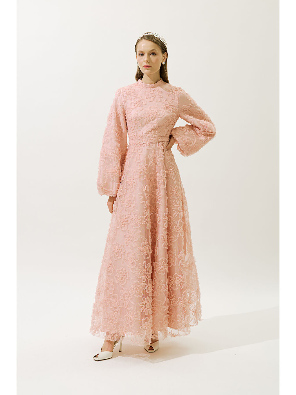 Pembe Kabarık Çiçekli Uzun Kol Abiye Elbise Pudra-2