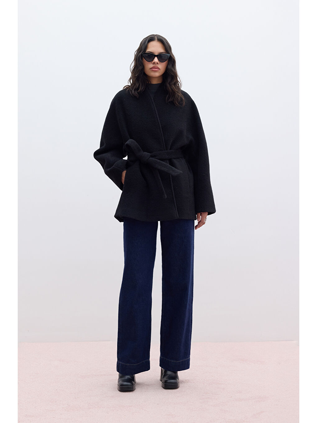 Kalın Kaşe Kimono Kaban Siyah-1