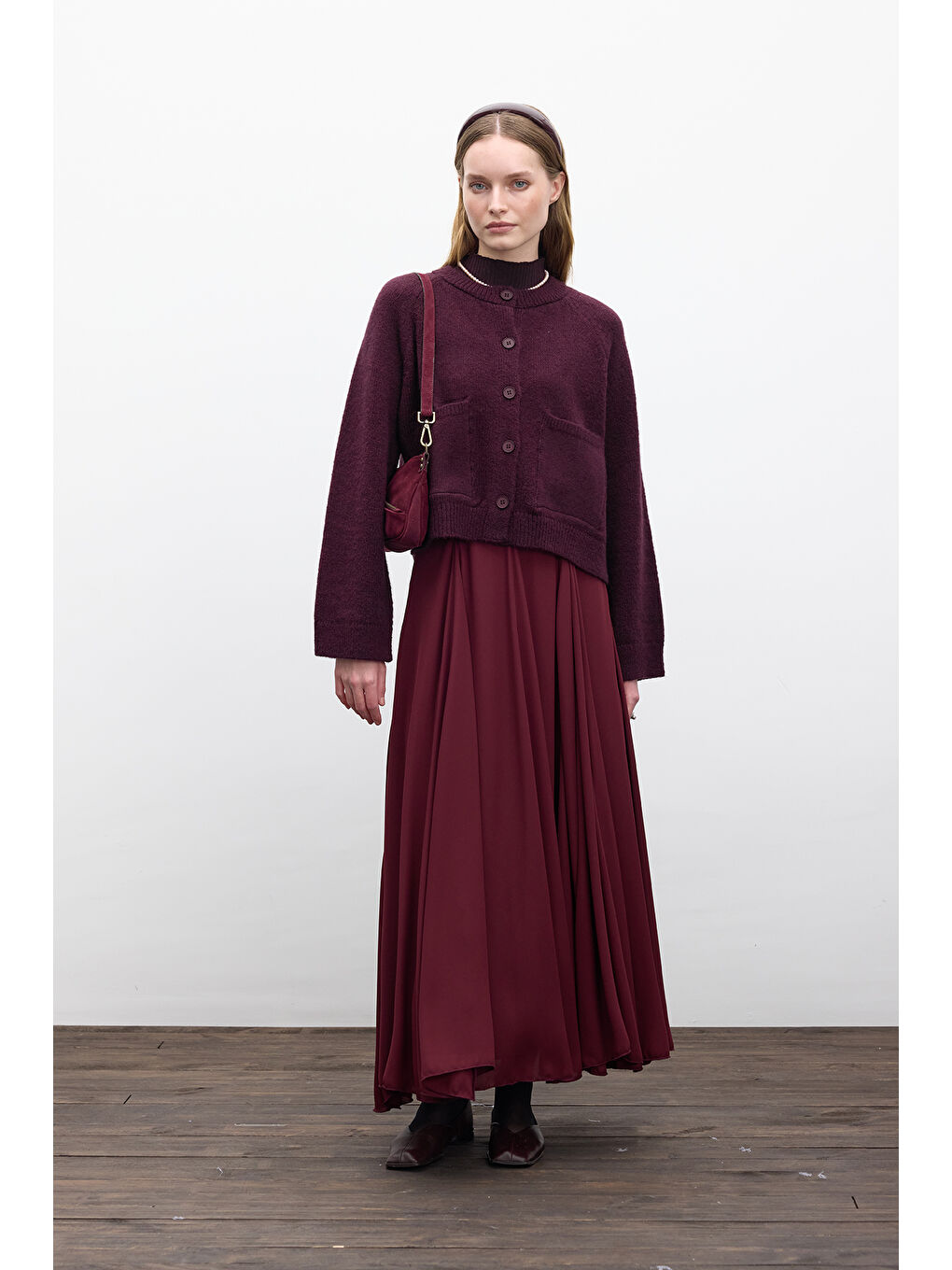 Düz Örgü Düğmeli Triko Hırka Mürdüm-2