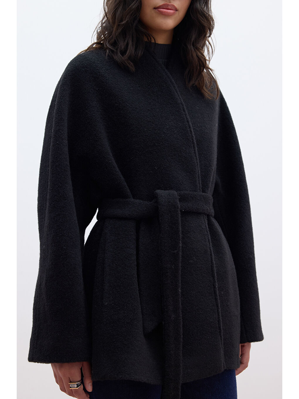 Kalın Kaşe Kimono Kaban Siyah-2