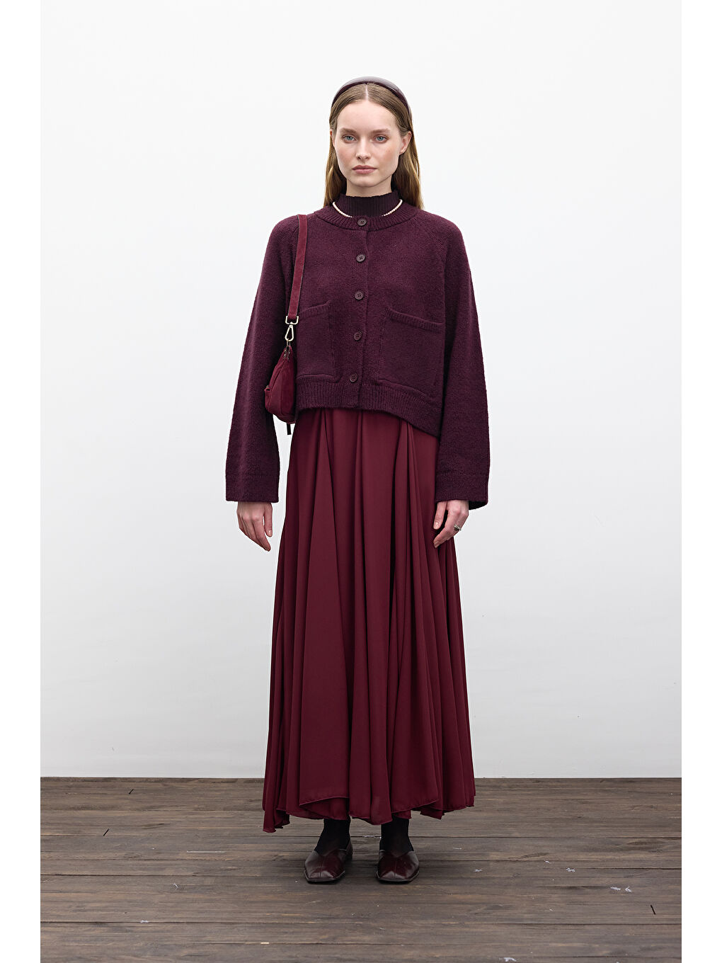 Düz Örgü Düğmeli Triko Hırka Mürdüm-3