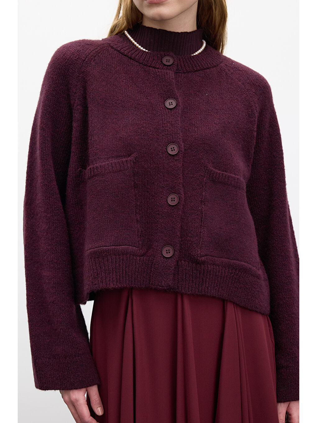 Düz Örgü Düğmeli Triko Hırka Mürdüm-4