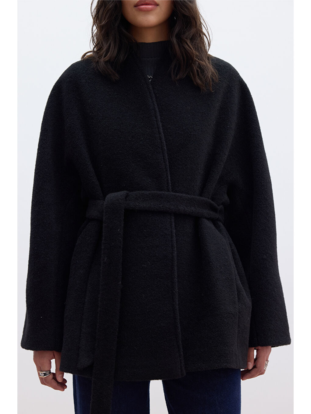 Kalın Kaşe Kimono Kaban Siyah-3