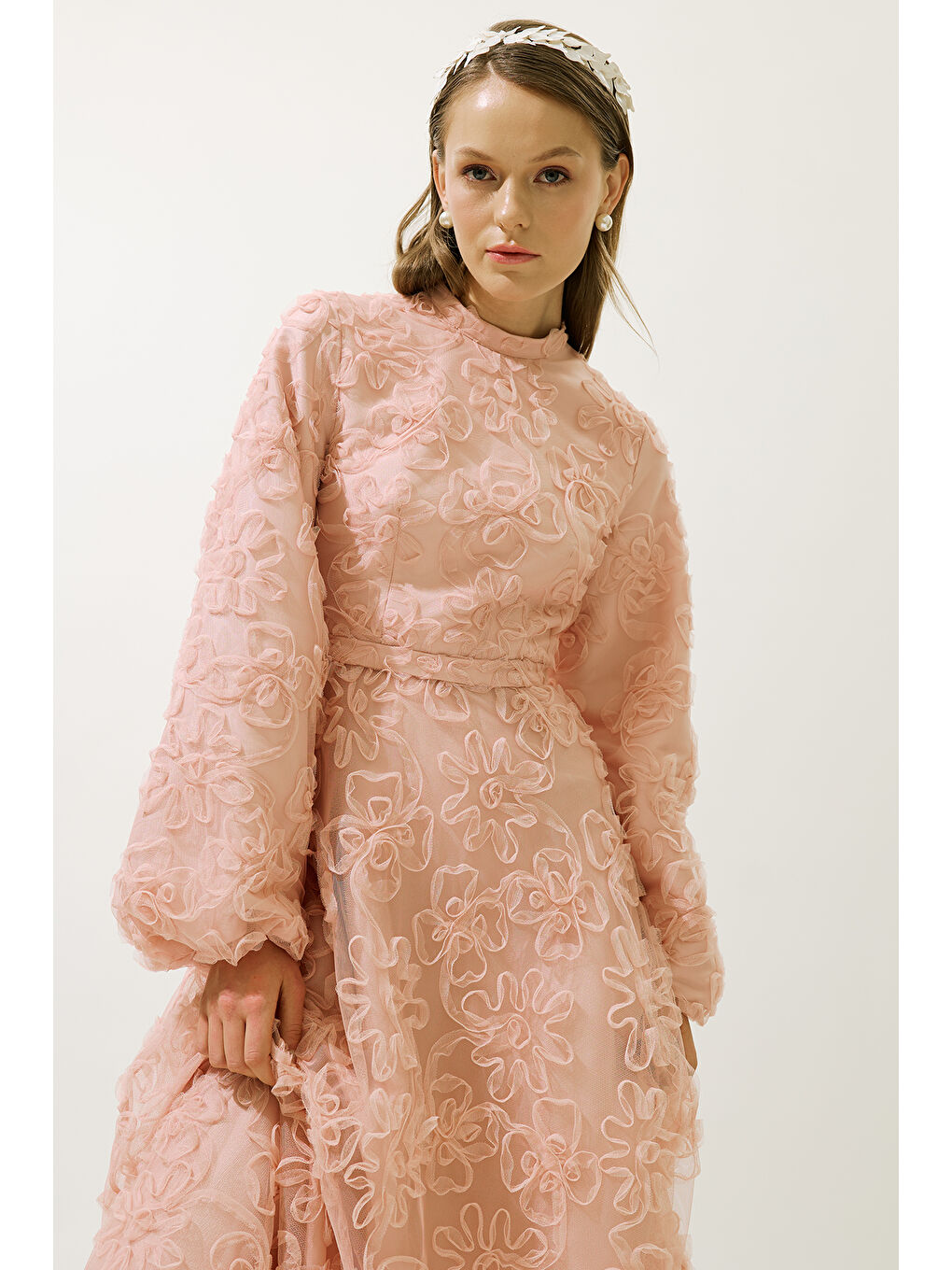 Pembe Kabarık Çiçekli Uzun Kol Abiye Elbise Pudra-5