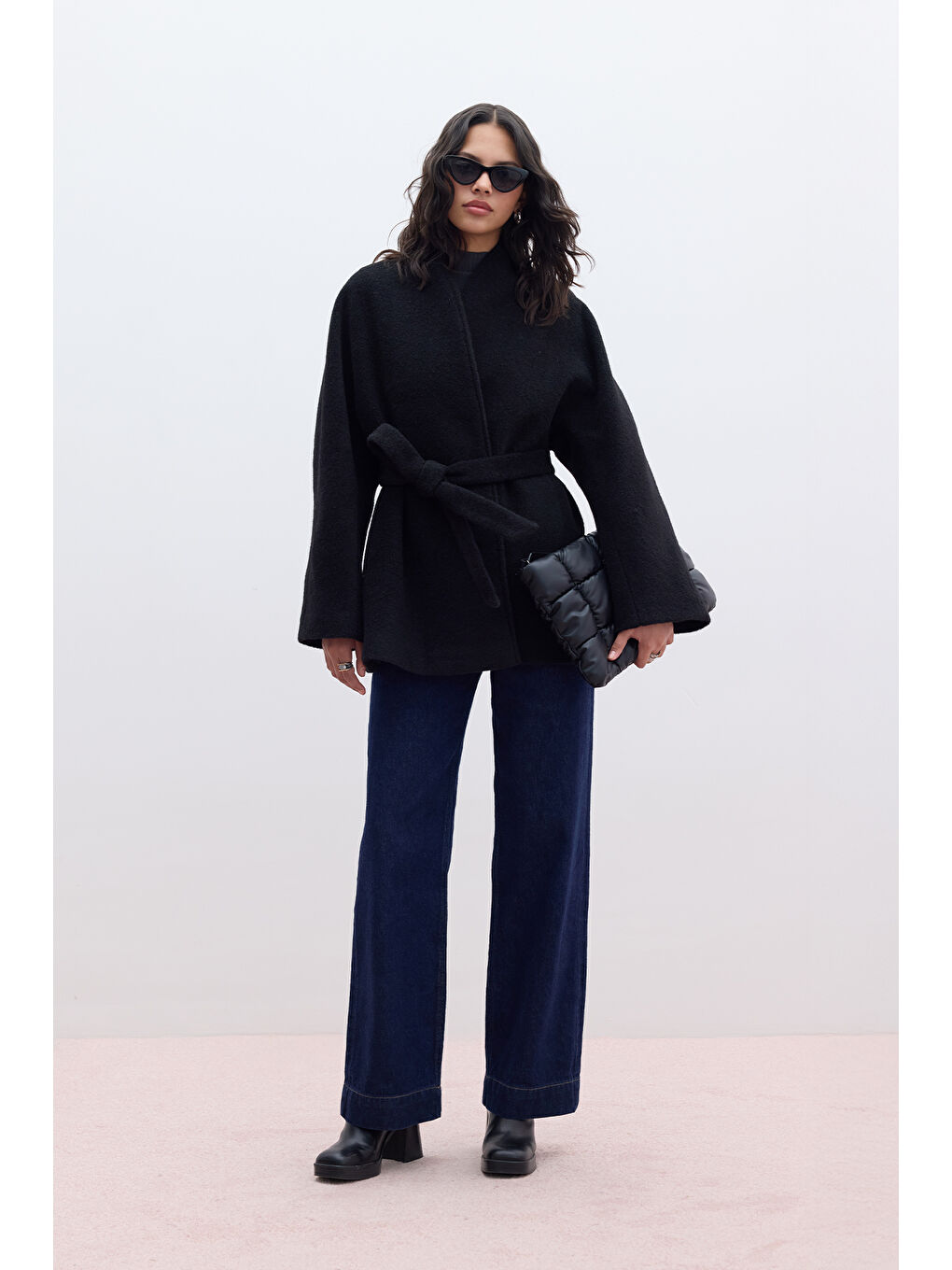 Kalın Kaşe Kimono Kaban Siyah-4