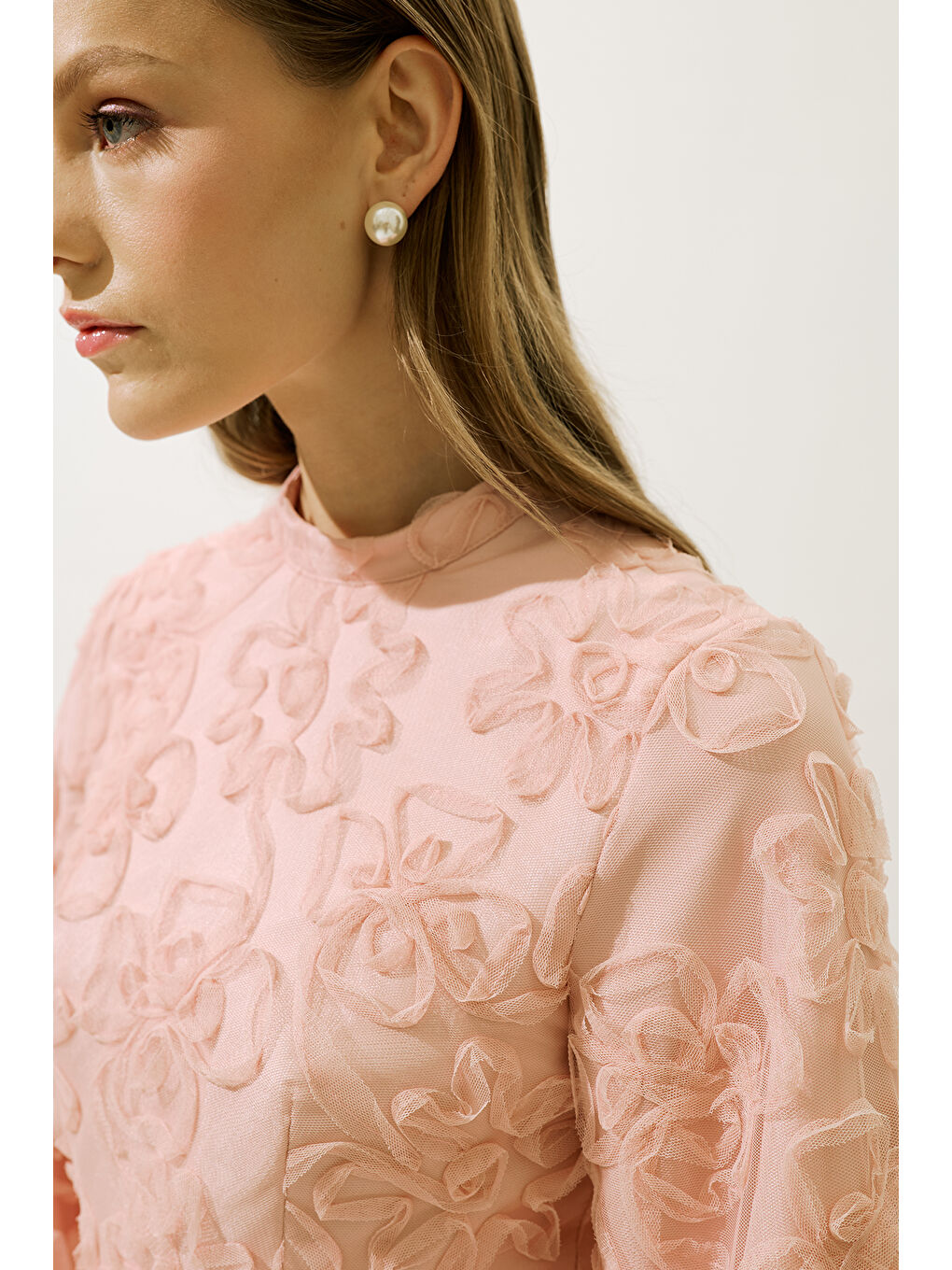 Pembe Kabarık Çiçekli Uzun Kol Abiye Elbise Pudra-6