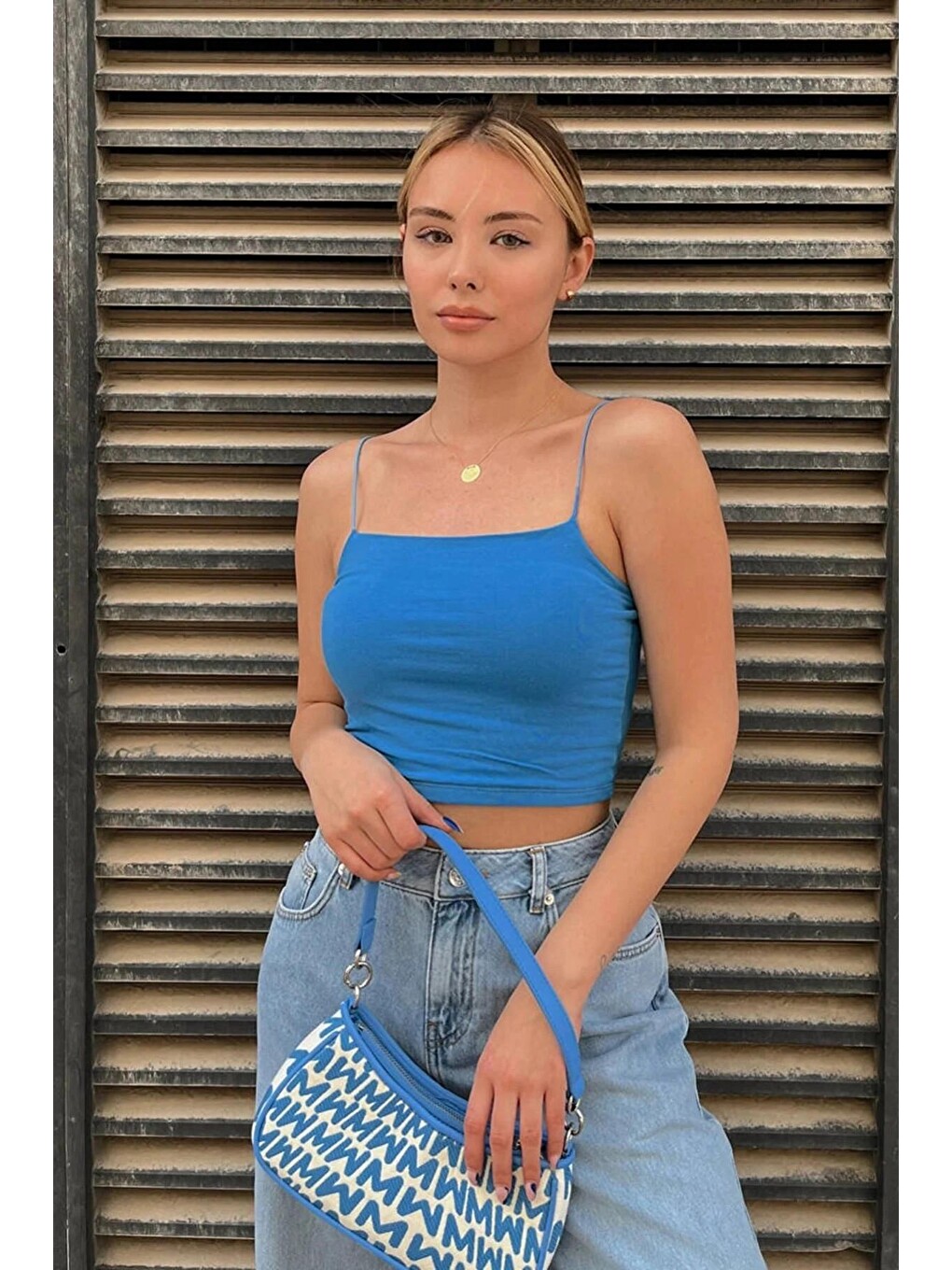 Mavi Pamuklu İp Askılı Crop-2