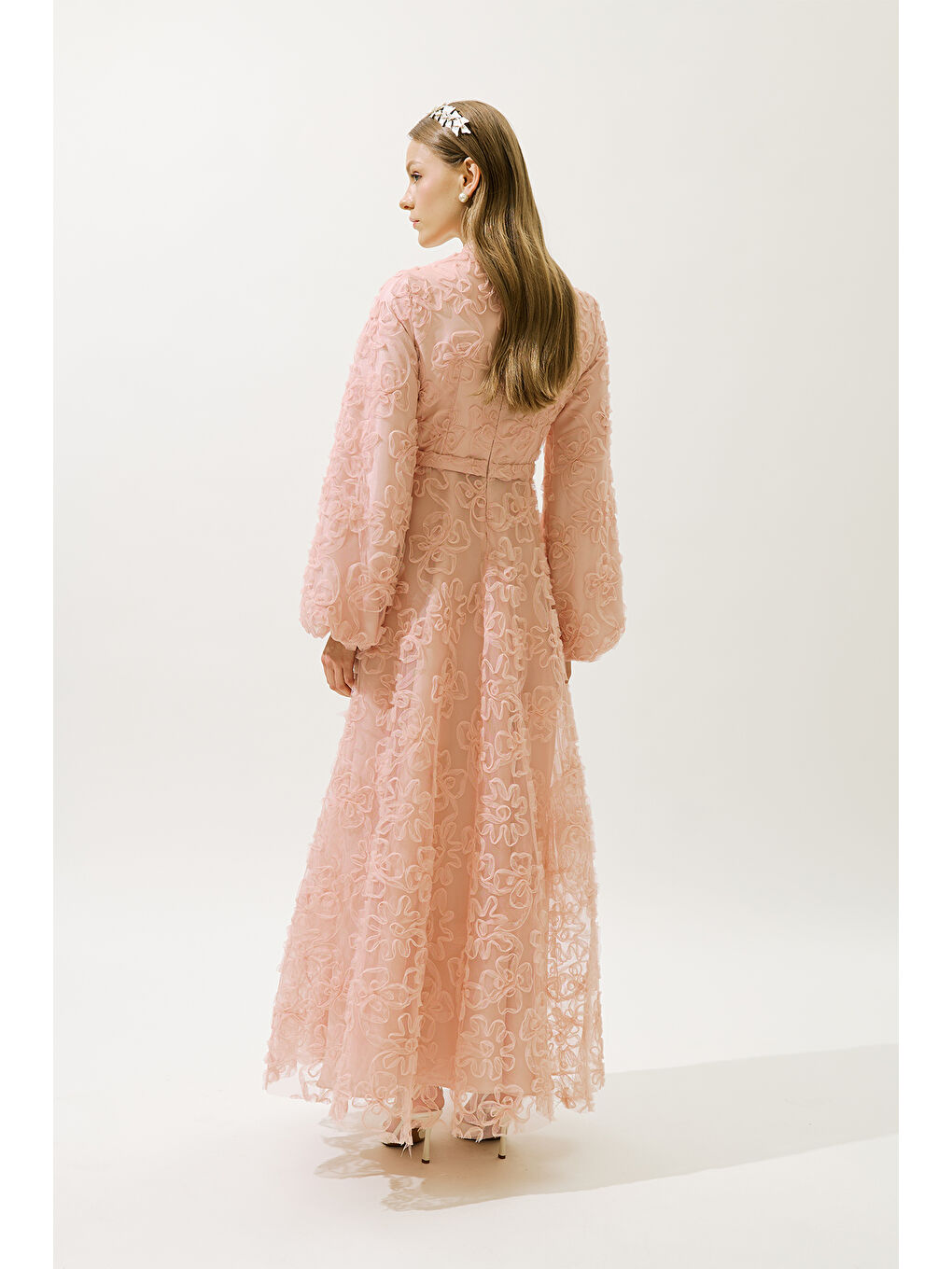 Pembe Kabarık Çiçekli Uzun Kol Abiye Elbise Pudra-7