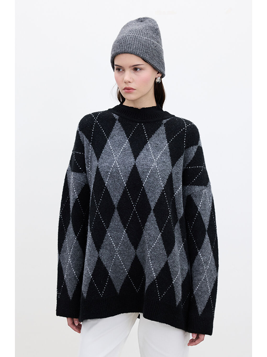 Baklava Desenli Oversize Kazak Siyah-2