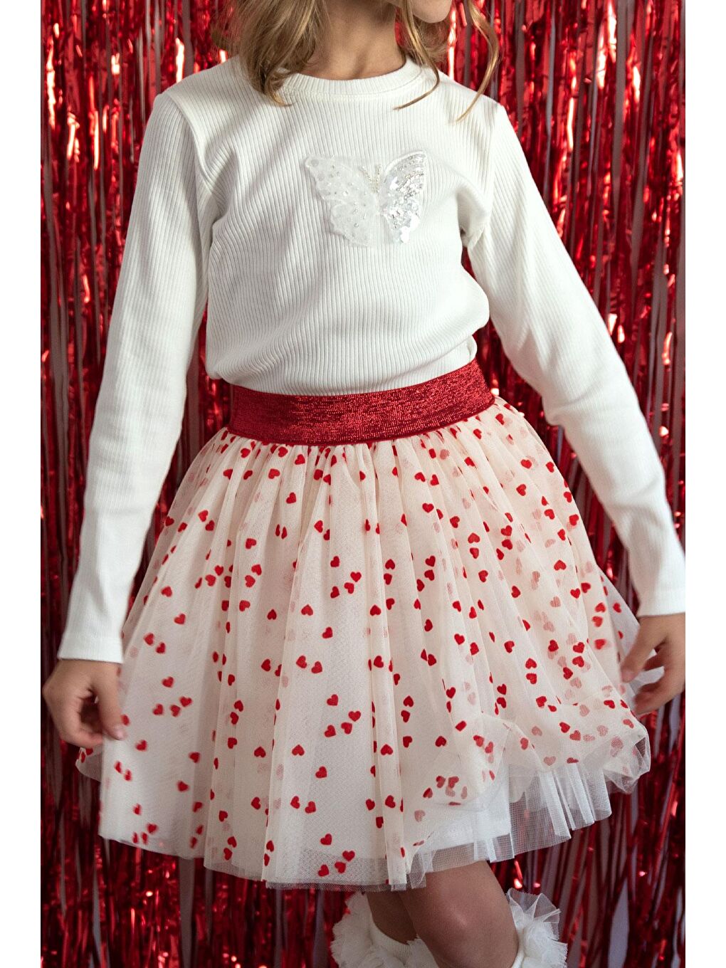 Ekru Kız Çocuk Tütü Etek Kalp Desenli Beli Lastikli Krem (6-10 Yaş)