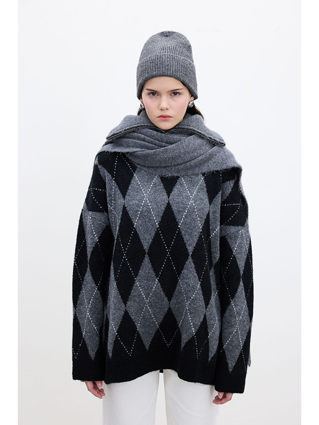 Baklava Desenli Oversize Kazak Siyah-4