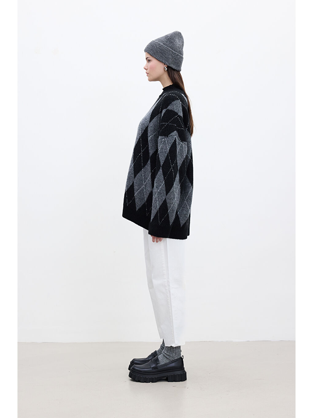 Baklava Desenli Oversize Kazak Siyah-5