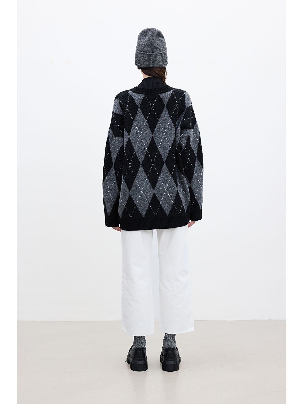 Baklava Desenli Oversize Kazak Siyah-6