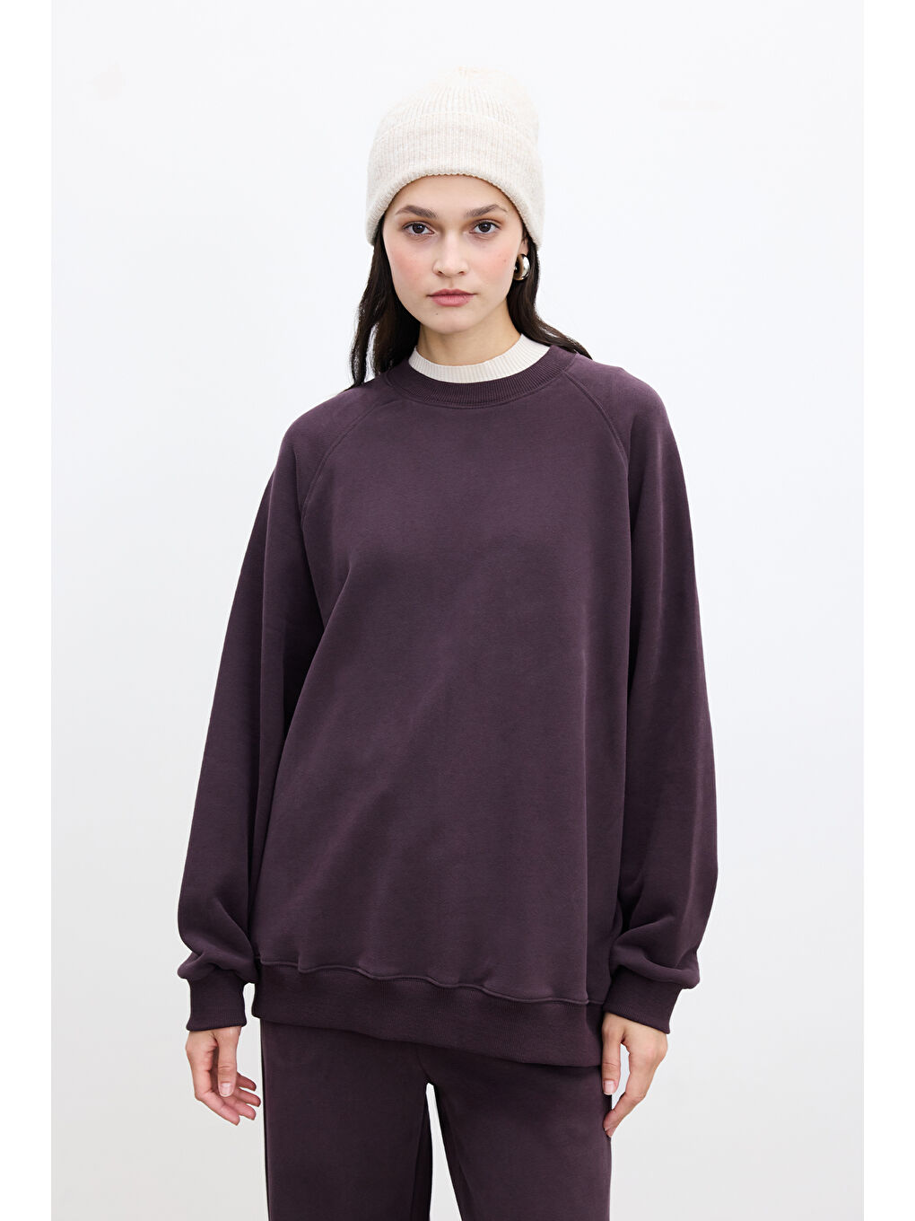 Oversize Basıc Sweatshırt Bordo-1