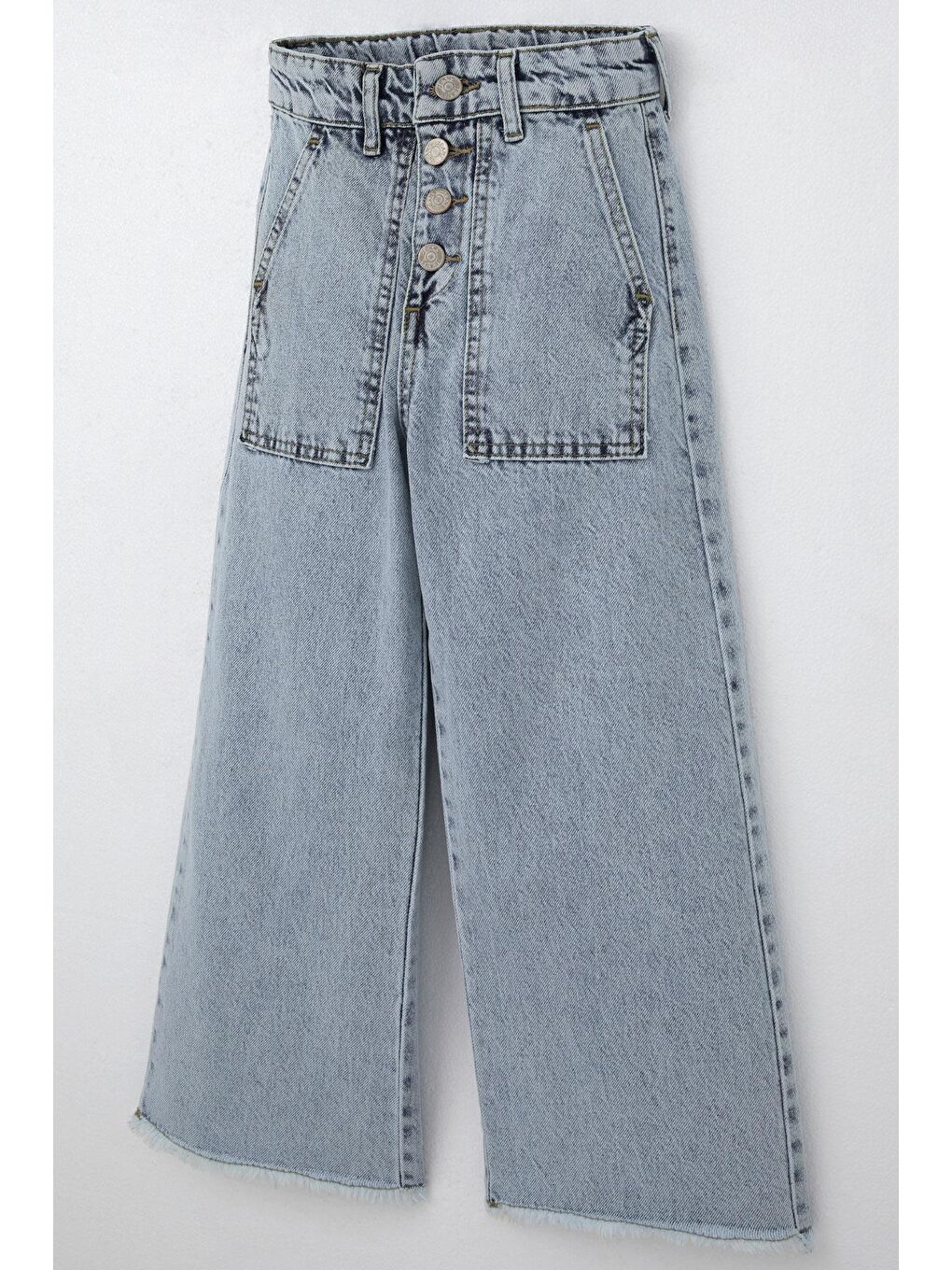 Kız Çocuk Jean Pantolon Geniş Paça Düğmeli Paçası Püskül Detaylı Açık Mavi (5-9 Yaş)-4