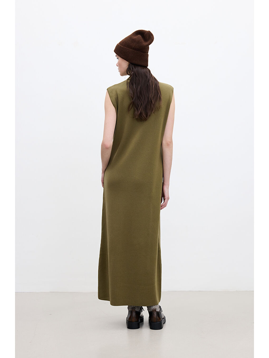 Kolsuz Yüksek Yaka Triko Elbise Yeşil-5