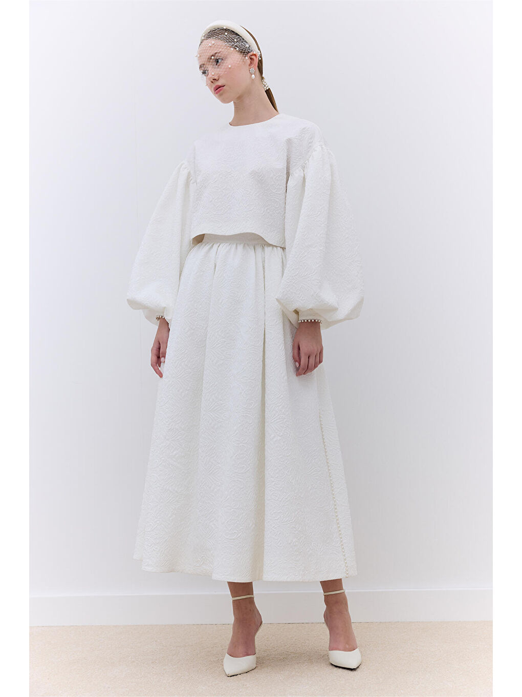 İnci Detaylı Jakarlı Etek Ekru-1