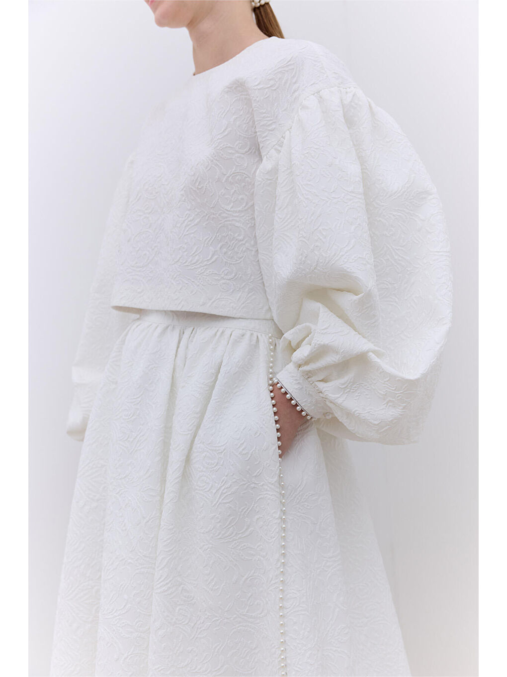 İnci Detaylı Jakarlı Etek Ekru-2