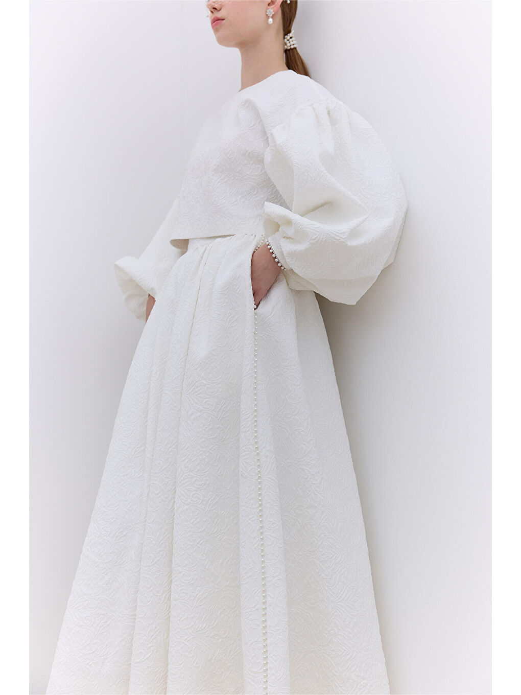 İnci Detaylı Jakarlı Etek Ekru-4